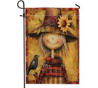 generic Drapeaux de jardin épouvantail corbeau d'automne 30,5 x 45,7 cm double face pour décoration extérieure, tournesol rustique d'automne en toile, drapeau de maison, peinture à l'huile, petit