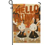 generic Drapeaux de jardin fantaisie d'automne en forme de lapin 30,5 x 45,7 cm double face pour décoration extérieure, drapeau Hello Autumn Kawaii Bunny en toile pour maison, dessin animé, vacances