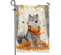 generic Drapeaux de jardin verticaux amusants en forme de loup pour l'avant de la cour, 30,5 x 45,7 cm double face pour l'extérieur, Hello Autumn Cartoon Petits drapeaux de maison en lin, drapeaux de