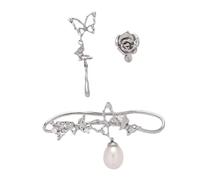 Generic Ensemble de boucles d'oreilles confortables en métal argenté avec papillon et perles pour femmes élégantes, 3,7 cm, métal