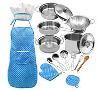 Generic Ensemble de Cuisine et de Pâtisserie Bleu pour Enfants, 18 Pièces, avec Toque de Chef, Tablier, de Four, Cadeau Parfait pour Les Filles et Les Garçons