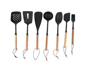 Generic Ensemble D'ustensiles de Cuisine en Silicone, Manche en Bois, Spatule Antiadhésive Résistante à la Chaleur, Cuillère Tournante 7 Pièces pour Usage Domestique