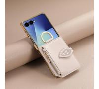 Generic Étui compatible avec Samsung Galaxy Z Flip 5 (couleur : beige) Étui portefeuille en cuir à fermeture éclair miroir avec anneau intégré