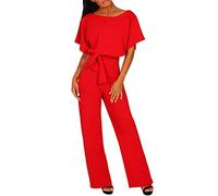 Generic Femme Combinaison Jumpsuit Sport Soirée Salopette Retro D'été Chic pour Soirée Cocktail Pantalon Rouge M Polyester Respirable Léger Décontracté Manche Courte