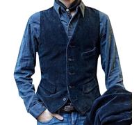 Generic Gilet d'affaires en velours côtelé pour homme avec poches, style décontracté, classique, vintage, col en V, pour mariage, fête, dîner, Gilets bleus pour homme, XXL