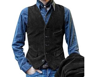 Generic Gilet d'affaires en velours côtelé pour homme avec poches, style décontracté, classique, vintage, col en V, pour mariage, fête, dîner, Gilets noirs pour homme, XL