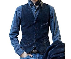 Generic Gilet d'affaires en velours côtelé pour homme avec poches, style décontracté, classique, vintage, col en V, pour mariage, fête, dîner, Gilets bleus pour homme, L