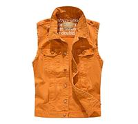 Generic Gilet pour Hommes sans Manches Ripped Denim Gilets Casual Slim Fit Button Down Jean Crop Jacket Veste Moto Gilet 2025 Manteaux, ORANGE, XL