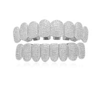 Generic Hip Hop Dents Grillz Caps Iced Out CZ Top et Bottom Plaqué Or Brillant Vampire Fangs Grillz pour vos dents pour les hommes et les femmes,Argent,set
