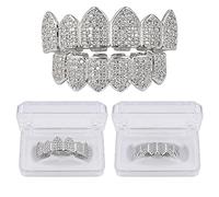 Generic Hommes 14K plaqué or argent zirconium Grillz pour les dents - Vampire Caps Dents avec Iced Out CZ Bouche Grillz - 2024 Cosplay,Argent