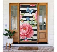 Generic Housse de porte de bienvenue avec fleurs noires et rayures - 185 x 90 cm - Décorations saisonnières - Toile de fond pour porte d'entrée, mur, porche