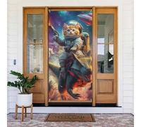Generic Housse de porte de bienvenue avec imprimé chat amusant et dinosaure 185 x 90 cm Décorations saisonnières pour porte d'entrée, mur, porche