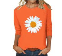 Generic HUIFUAO T-shirt à manches 3/4 pour femme, col rond, imprimé tournesol, haut d'été basique et élégant pour femme, t-shirt pour femme, coupe ample, Orange, M