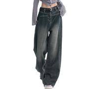 Generic Jean baggy Y2k Boyfriend pour femme - Taille basse - Style hip hop - Droit - Vintage - Jambes larges - Pantalon ample - Streetwear - Pantalon de loisirs, Bleu foncé/V, S