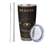 Generic Lot de 1 gobelet avec couvercle en forme de boule de cristal contre le mauvais œil, le soleil, la lune, le mot main Pattren artistique, jaune, noir, isolé chaud et froid, incassable, pour