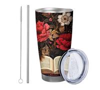 Generic Lot de 1 gobelet botanique avec couvercle - Motif feuilles de livre - Cottage rustique - Belle esthétique - Rouge et noir - Isotherme chaud et froid - Incassable - Pour voyage, piscine