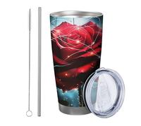 Generic Lot de 1 gobelet en acier inoxydable incassable avec motif floral botanique et feuilles - Rouge clair et vert - Pour voyage, piscine, bibliothèque, dortoir - 591 ml