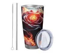 Generic Lot de 1 gobelet en métal avec couvercle - Motif floral - Orange et gris - Isotherme - Sans pied - Double paroi - 590 ml