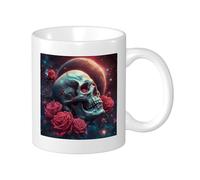 Generic Lot de 1 tasse imprimée rose cranium, paillettes romantiques, jolies fleurs, feuilles, lune, ciel nocturne, rouge, gris, cadeau en céramique, collection de trempage, bureau, camping, avec