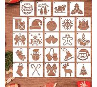 Generic Lot de 24 pochoirs de Noël réutilisables pour peinture sur bois, motif flocon de neige, Père Noël, dessin, peinture, loisirs créatifs, décoration d'intérieur (7,6 x 7,6 cm)