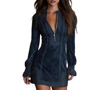 Generic o Robes d'été pour femme - Confortables et élégantes - Robe décontractée - Col en V - Plissée pour les vacances d'été, les sorties à la plage, les voyages côtiers, bleu, M