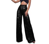 Generic Pantalon à Paillettes Métallique Pour Femme - Taille Haute, Long, Ample - Été, Bureau - Grandes Tailles - Noir Cendré, XXL