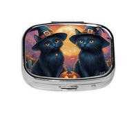 Generic Pilulier carré à 2 compartiments pour sac à main et poche en métal Motif chat d'Halloween