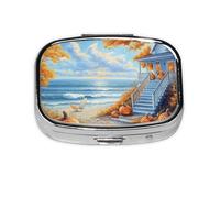 Generic Pilulier carré à 2 compartiments pour sac à main et poche - Mini pilulier de voyage en métal - Imprimé plage d'automne