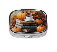 Generic Pilulier carré imprimé citrouille d'automne - 2 compartiments - Petit pilulier pour sac à main et poche - Mini pilulier de voyage en métal