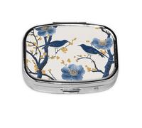 Generic Pilulier carré imprimé fleurs et oiseaux - 2 compartiments pour sac à main et poche - Mini pilulier de voyage en métal