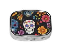 Generic Pilulier carré imprimé tête de mort - 2 compartiments - Petit pilulier pour sac à main et poche - Mini pilulier de voyage en métal