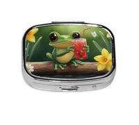 Generic Pilulier carré mignon imprimé grenouille - 2 compartiments pour sac à main et poche - Mini pilulier de voyage en métal