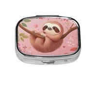 Generic Pilulier carré mignon imprimé paresseux - 2 compartiments pour sac à main et poche - Mini pilulier de voyage en métal