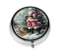Generic Pilulier rond à 3 compartiments avec imprimé de Noël rose pour sac à main et poche Mini pilulier de voyage en métal