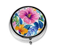 Generic Pilulier rond à 3 compartiments avec imprimé floral tropical pour sac à main et poche, mini pilulier de voyage en métal
