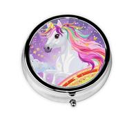 Generic Pilulier rond à 3 compartiments avec imprimé licorne mignon pour sac à main et poche, mini pilulier de voyage en métal