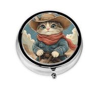 Generic Pilulier rond à 3 compartiments pour sac à main et poche en métal avec imprimé chat cowboy amusant