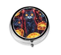 Generic Pilulier rond à 3 compartiments pour sac à main et poche en métal avec imprimé chat noir fluo