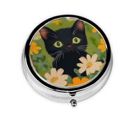 Generic Pilulier rond à 3 compartiments pour sac à main et poche en métal Motif chat noir
