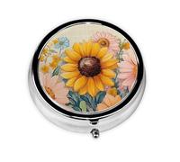 Generic Pilulier rond imprimé tournesol - 3 compartiments - Petit pilulier pour sac à main et poche - Mini pilulier de voyage en métal