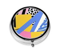 Generic Pilulier rond imprimé vintage des années 90 - 3 compartiments - Pour sac à main et poche - Mini pilulier de voyage en métal