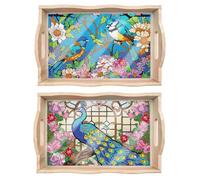 Generic Plateau de peinture diamant à faire soi-même, palette d'art diamant, plateau en bois fait à la main, plateau à thé, plateau à café, peinture diamant, cadeau mandala (2 pièces colibri 02)