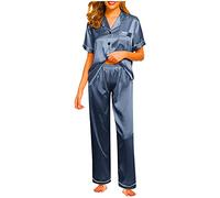 Generic Pyjama Femme Été en Coton en Satin De Soie Chemise De Nuit Chemise avec Boutonnière Tops Et Pantalon Longs Pyjama Set Respirant Pantalon De Pyjama pour Toutes Les Saisons Ensemble Pyjama