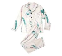Generic Pyjama Femme Été en Coton en Satin De Soie Chemise De Nuit Chemise avec Boutonnière Tops Et Pantalon Longs Pyjama Set Respirant Pantalon De Pyjama pour Toutes Les Saisons Ensemble Pyjama