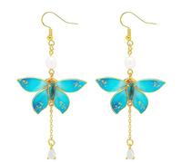 Generic Qipao Jewelry Boucles d'oreilles longues et luxueuses en soie de mûrier Motif papillon Bleu