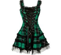 Generic Robe d'été Chic à Carreaux Lolita sans Manches Vintage Bandage Midi Robe Gothique en Dentelle à Volants Une Ligne Robes à Bretelles à Oeillets S-5XL-Vert-M