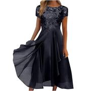 Generic Robe Femme Chic Et Elegant Rouge Robe Longue en Mousseline De Soie Et Dentelle Grande Taille Belle Robe Manches Courtes Col en V Robe D'été Fluide Style De Vacances Fête Boho Plage Eté