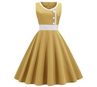 Generic Robe Vintage Femme Années 40 50 60 Pin up Robe de Soirée Cocktail Cérémonie Style Plissé Col V sans Manche A-Line Taille Haute Ete Cadeau de Ma Mère,Jaune,L,H16J