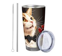 Generic Rose avec couvercle et paille - Gobelet amusant - Chat mignon - Nœud floral - Animaux rustiques - En bois - Orange rouge - Isotherme - Incassable - Pour voiture, piscine, voyage, bureau