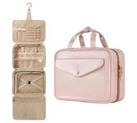 Generic rousse de Toilette de Voyage Suspendue, Organisateur de Maquillage en Cuir PU Imperméable avec Plusieurs Poches Crochet Métallique Porte-Cosmétiques Portable pour Vacances (Rosâtre)